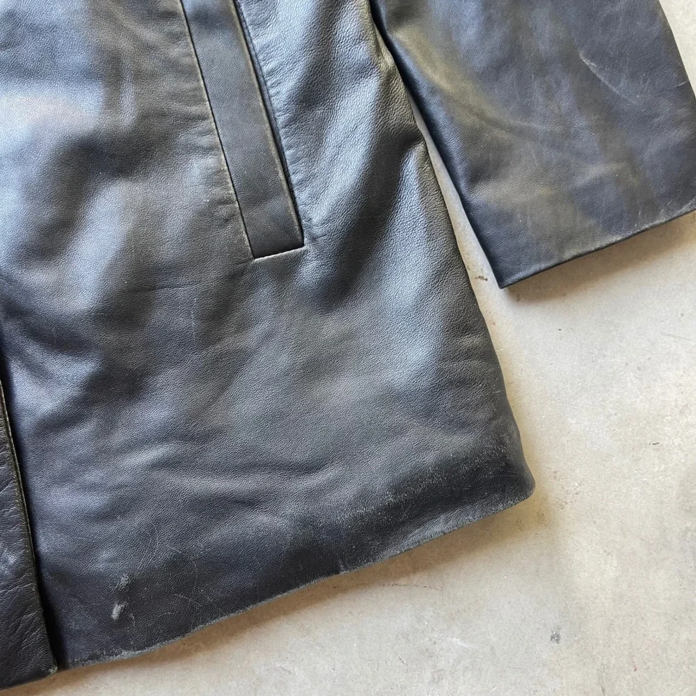 Gap Mens Genuine Leather Car Coat Jacket Black Zip Up Wool Blend Lining Medium